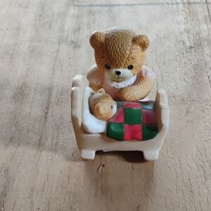 Adorable Teddy Bear Figurine with Baby in Crib